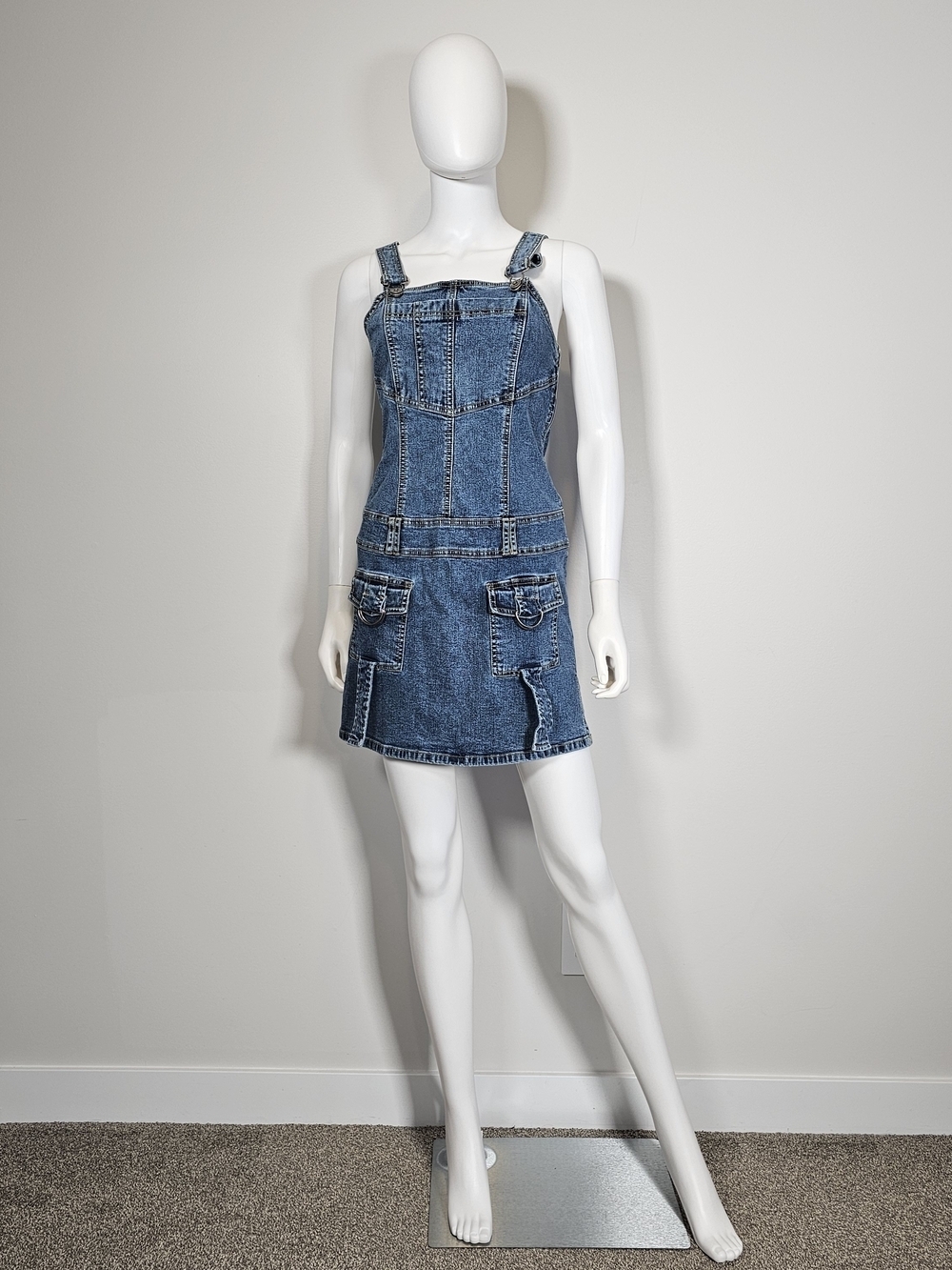 Vintage Brody Utility Mini Blue Denim Pinafore Dress Sz S